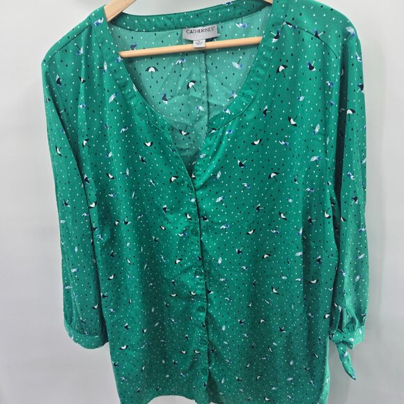 Catherines Blue Cafe Umbrella Novelty 3/4 Sleeved Buttoned Down Blouse 1x - Picture 4 of 9
